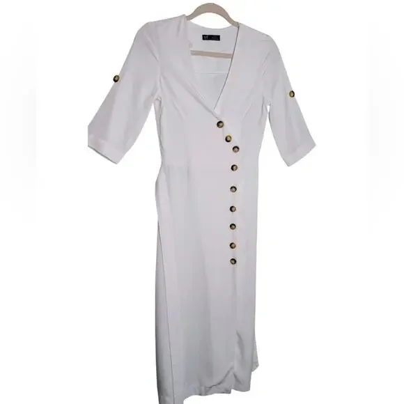 ZARA White Asymmetric Button Detail Midi Dress Tie Waist Linen Blend XS EUC - Picture 3 of 9